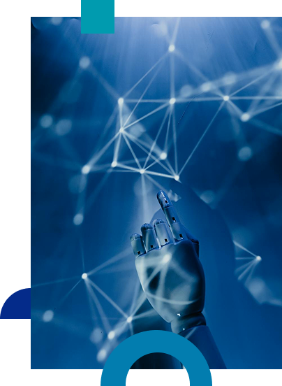 Robotic hand connecting to a digital network, representing AI-driven cybersecurity